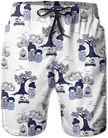 Men Japanese kokeshi Doll Art Fashion Beach Pant Tide Stamp Shorts