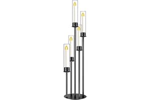 SIMPREFINE Black Candelabra with Glass Cylinders for Real Candles 5 Head Metal Candle Holder Wedding Centerpiece Ceremony Reception Event Party Home Decoration (1, M)