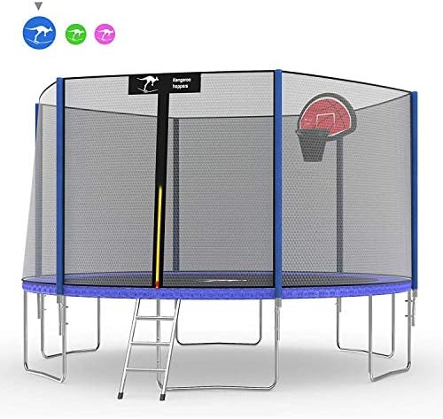 Kangaroo Hoppers 12 14 FT Trampoline with Safety Enclosure Net, Basketball Hoop and Ladder - 2019 Upgraded - Kids Basketball Trampoline - TUV and ASTM Tested - Multiple Color Choices