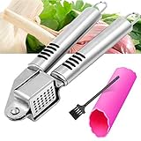 Stainless Steel Garlic Press By DigHealth(TM), Crush and Mince Garlic Cloves & Ginger Easily, Epicurean Garlic Masher and Squeezer, with Silicone Garlic Peeler Tube and Cleaning Brush, Ergonomic