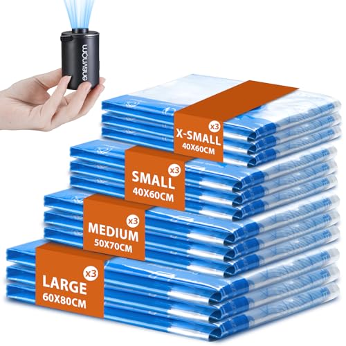 MONVANE Cordless Pump and Vacuum Bag for Clothes Vacuum Cleaner, 12 Pieces – 3L 80 x 60 cm, 3 M 70 x 50 cm, 3S 60 x 40 cm, 3XS 50 x 30 cm, Storage Cover for Travel Duvet, Suitcase