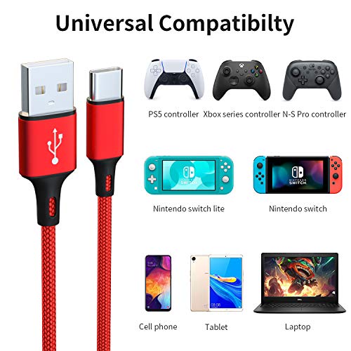 2 Pack 10FT Charging Cable for PS5 DualSense and Xbox Series X/S / Switch Pro Controller, Ackmioxy Charging Cord Nylon Braided Type-C Port Charger Accessories for Playstation 5/ Xbox Series S/X (Red)