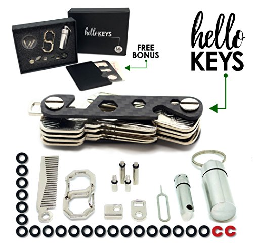 Key Organizer by Hello Keys | Compact Key Holder | Made of Carbon Fiber & Stainless Steel | Holds up to 36 Keys | Includes LED Flashlight, Hair & Beard Comb,Cash Stash & More + FREE Survival MultiTool