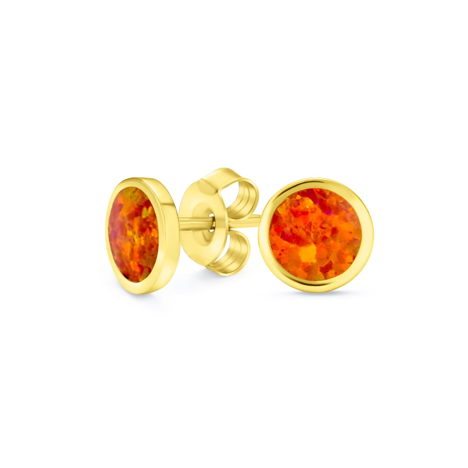 Classic Simple Iridescence Gemstone Bezel Setting Flat Round Circle Created Orange Fire Opal Stud Earrings For Women Gold Plated .925 Sterling Silver Small 5MM October Birthstone — image 1