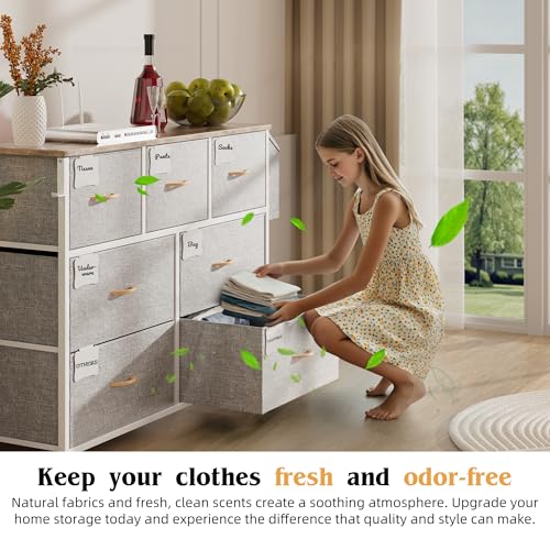 PURFINO Fabric Chest of Drawers - Fabric Chest of Drawers with 7 Large Drawers, Labels, Side Pocket and Hook for Living Room, Hallway, Bedroom (Light Grey)