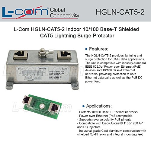L-com Connectivity HGLN-CAT5-2 Surge Protector, Bulkhead, 10/100 Base-T Shielded Cat5, Power-Over-Ethernet Comp