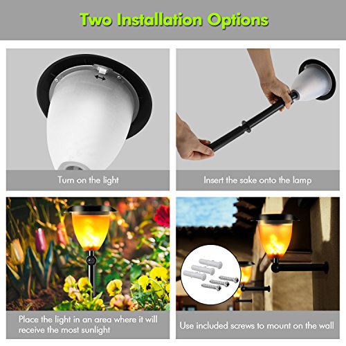 WdtPro Solar Lights, 2-in-1 Waterproof Flickering Flames Torches Lights Outdoor Solar Spotlights with Charging Indicator, Dusk to Dawn Auto On/Off Solar Torch Lights for Patio Deck Backyard(2 Pack)
