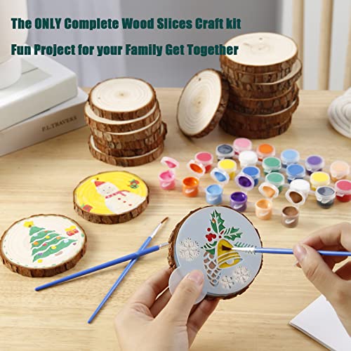Natural Wood Slices 25 Pcs 3.1-3.5 Inches Predrilled Unfinished Wood Slices, 6 Pcs Christmas Pattern Stencils, 32 Colors Pigment, 25 Pcs Jingle Bells, 16ft Red Ribbon, DIY Craft for Christmas Ornament
