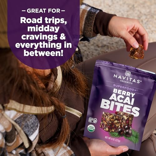 NAVITAS ORGANICS BERRY ACAI SUPERFOOD+ BITES – POWER SNACKS – ALL NATURAL PLANT BASED – CLEAN ENERGY & NUTRITION – USDA ORGANIC, NON GMO, GLUTEN FREE, SOY FREE, KOSHER, VEGAN (8OZ. BAG 11 SERVINGS)