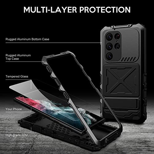 LSoug Samsung Galaxy S23 Ultra Metal Case, [10FT Military-Grade Protection] [Built-in Screen Protector] Rugged Full-Body Heavy Duty Shockproof Shell for Galaxy S23 Ultra 6.8 inch（Black）