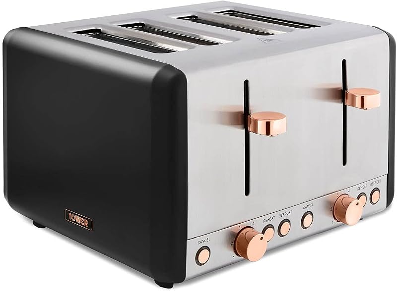 Tower Cavaletto 4-Slice Toaster Stainless Steel Defrost Reheat Rose Gold 1800W