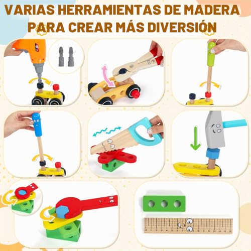 Toys Children 3 Years Old Gift Boy Girl 3 4 Years, Wooden Tool Box Toy with Electric Drill, Montessori Toys Educational Games Boys Girls 3 4 Years Old (44 Pieces)
