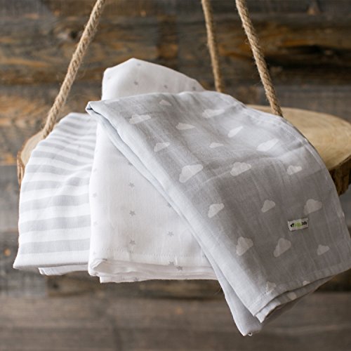 Muslin Baby Swaddle Blankets, 47x47 (3 Pack) Grey Cloud, Stripe & Stars - Thumbnail 4