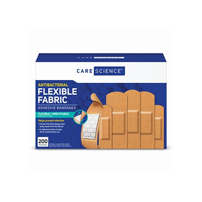 Care Science Antibacterial Fabric Adhesive Bandages, 200 ct Bulk Assorted Sizes | Flexible + Breathable Protection Helps…