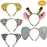 D.Q.Z Jungle Animal Ears Headbands for Kids Zoo Safari Party Supplies Plush Giraffe Tiger Zebra Set of 10