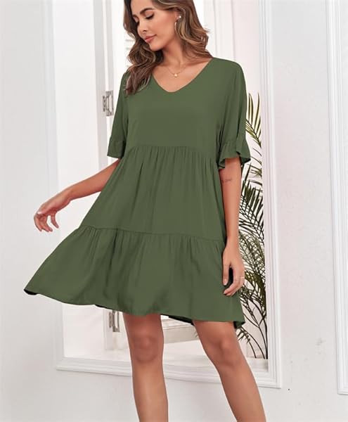 REDMORE SUMMER DRESSES FOR WOMEN 2024 CASUAL BABYDOLL V NECK RUFFLE SHORT SLEEVE A LINE DRESS BEACH TIERED DRESS WITH POCKETS ARMY GREEN