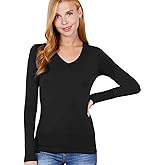 Women's Basic Solid Lightweight Soft Cotton Long Sleeve Crew Neck & V Neck Slim Top Shirts Plus (S-2XL)