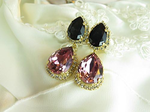 Cavier Black Swarovski and Antique Pink in 14k Gold Plate setting with crystal accent stones surround