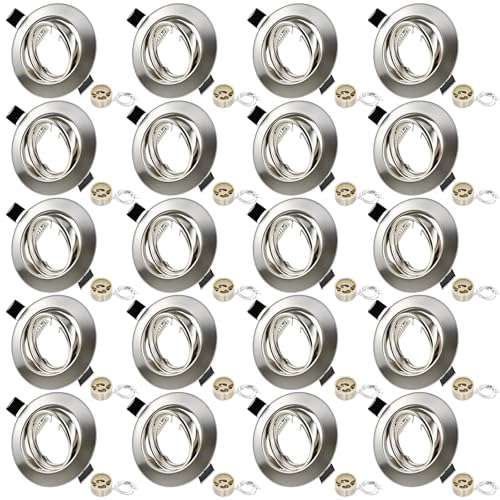 LteelDay Round Recessed Spotlight Frame, Brushed Metallic GU10 with 30° Rotation, Diameter 68-80 mm, Includes GU10 Socket for LED or Halogen Lamps, Pack of 20
