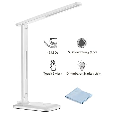 LED Schreibtischlampe, TOPELEK 42 LED Tischlampe, 3 Farb- und 3 Helligkeitsstufen, Tischleuchte mit Touch Control-Taste, Farb