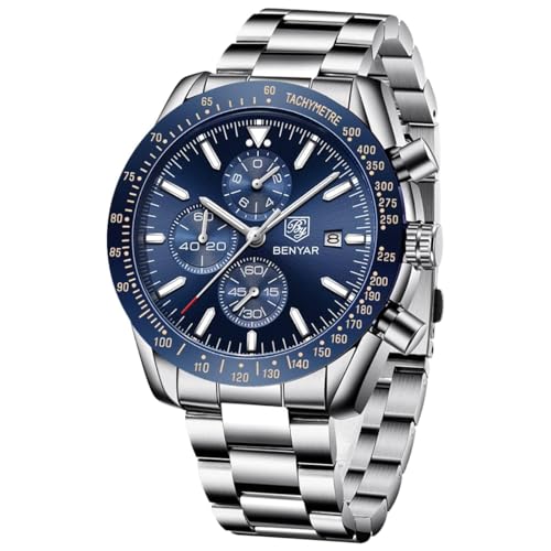 BENYAR by Men's Watch Chronograph Analogue Quartz Waterproof Date Large Dial Classic Fashion Business Watches Elegant Bracelet for Men