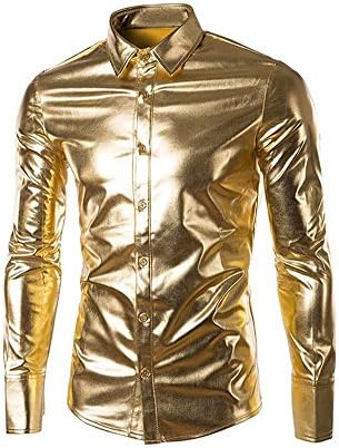 Mens Metallic Shinny Nightclub Styles Long Sleeves Button Down Dress Shirts (M(TagL), Gold)