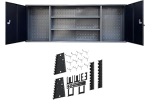 JZD Metal Garage Storage Cabinets Wall Mount with 2 Removable Shelves, Two Lockable Doors, and 22 Hooks for Tool Organization, Black & Grey