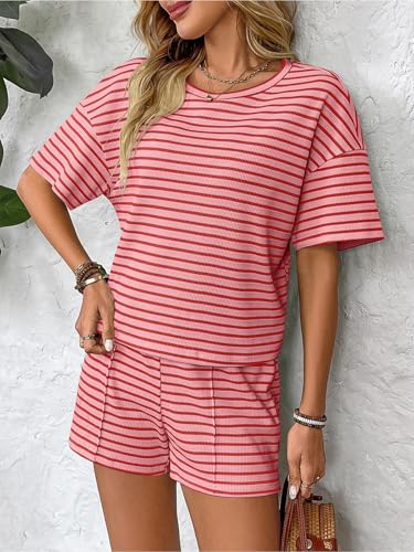 crazy bean Women's Summer 2 Piece Casual Shorts and Top T-Shirt Short Sleeve Striped Round Neck Sports Tracksuit Set