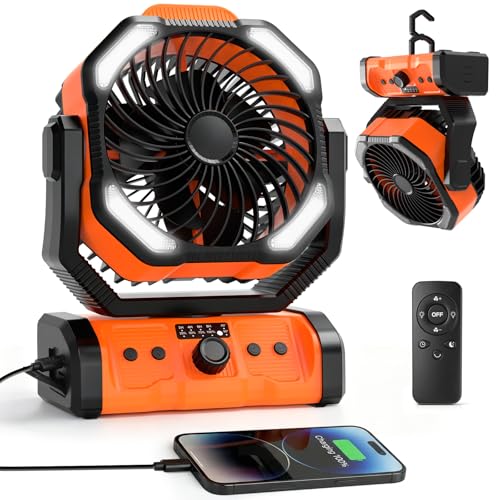 20000mAh Camping Ventilator, Wiederaufladbarer Tischventilator USB Ventilator mit LED Licht & Haken, 270° Drehung mit Fernbedienung, Clip Fan für Outdoor Camping Stromausfall Angeln (Orange)