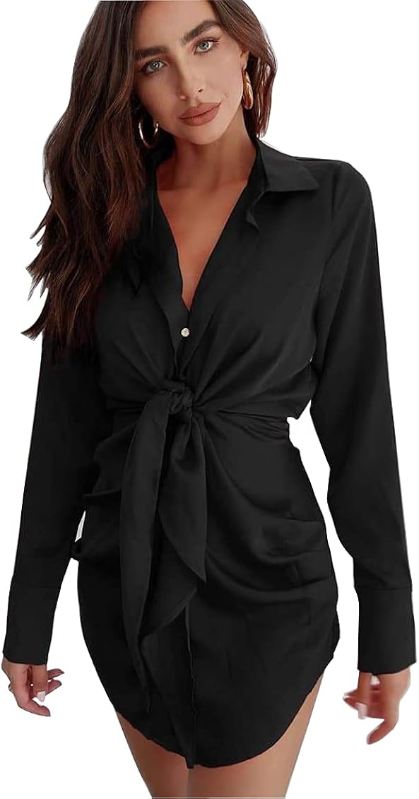 Long Sleeve Satin Shirt Dress 