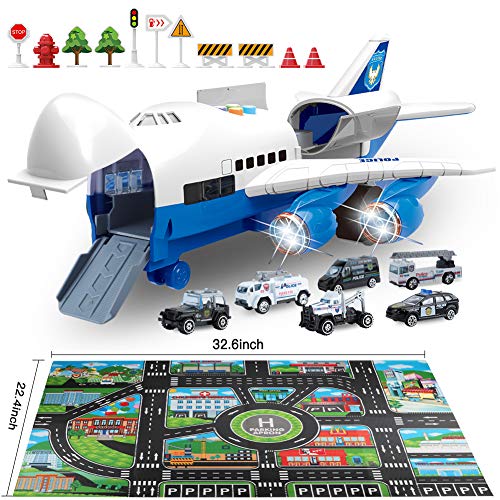 Car Toys Set with Transport Cargo Airplane and Large Play Mat, Mini Educational Vehicle Police Car Set for Kids Toddlers Boys Child Gift for 3 4 5 6 Years Old, 6 Cars, Large Plane, 11 Road Signs