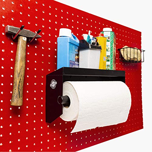 Pegboard Paper Towel Holder with Peg Board Shelf by MADD Tools Black