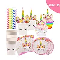 Yaaaaasss! Serves 16 Unicorn Party Tableware Set Plates Cups Napkins Straws Cupcake Toppers Wrappers for Unicorn Themed Birthday Party, 112PCS