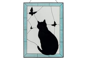 Qipade Cat Stained Glass Window Hanging, Stained Glass with Metal Chain Hand-Painted Suncathcer for Wall Decoration, Christmas Thanksgiving Gifts for Lover Mom Grandma Cat Lover 15"×11"