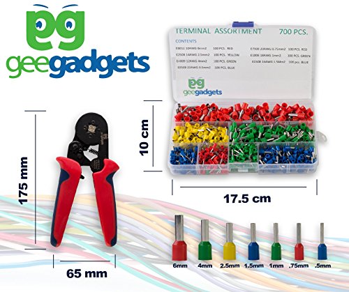Square Crimper with 700 Piece Ferrule Wire Connector Set -Self Adjusting Crimping Plier - 22-10 AWG, 0.25mm-6mm - by Gee Gadgets (Certified Refurbished)