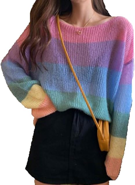 Amazon An Shulla N ニットセーター 虹模様 オールシーズン 軽い 可愛い レディース トップス 柔らかい オシャレ 春秋冬 虹色 Free レディース 通販