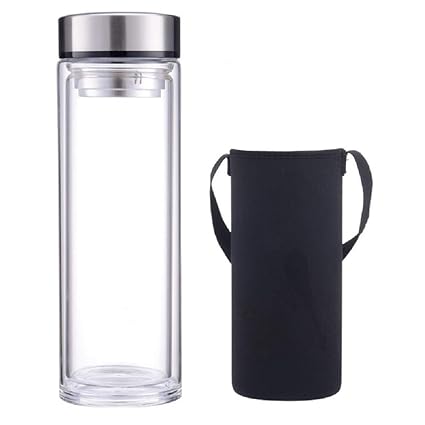 Sunkey Glasflasche 1 Liter Bpa Frei Trinkflasche Glas Doppelte Walled mit Hülle Neopren Edelstahl Deckel und Abnehmbarer Teef