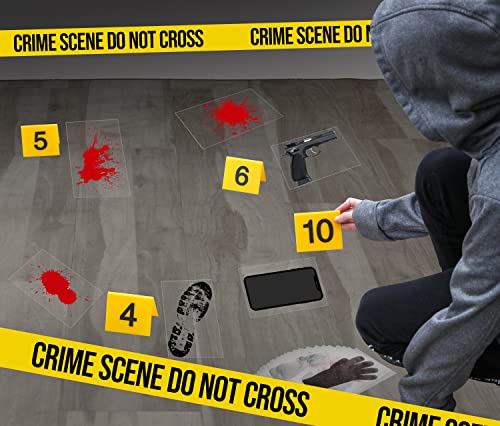 Halloween Crime Scene Decorations Kit, Crime Mystery Dinner Party Game Supplies, Includes Crime Scene Tape, 25 Yellow Evidence Markers, 25 Crime Object Cards
