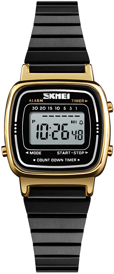 MASTOP Women's Classic Simple Petite Electronic Quartz Watch Stainless Steel Square Slim Led Digital Watch, Gold, bracelet