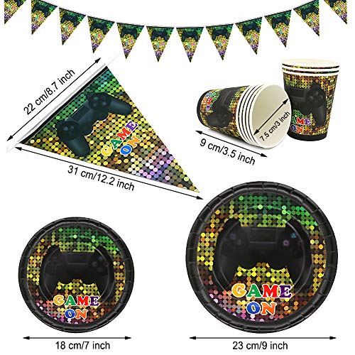 Video Game Party Supplies, Angela&Alex 169 Pieces 24 Guests Gaming of Themed Party Birthday Banner Round Plates Cups Napkins Dessert Plate Forks Knives Spoons Game On Supplies Decor