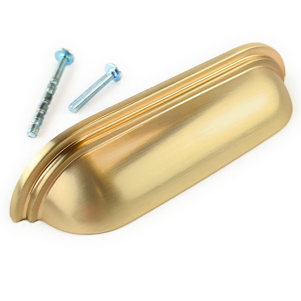 French Furniture Fittings Sets of 6 Cup Handles for Kitchen cabinets, Cupboard Drawer & Door Shell Handles, matt Brushed Brass Finish by FFF (96mm Between fixings)