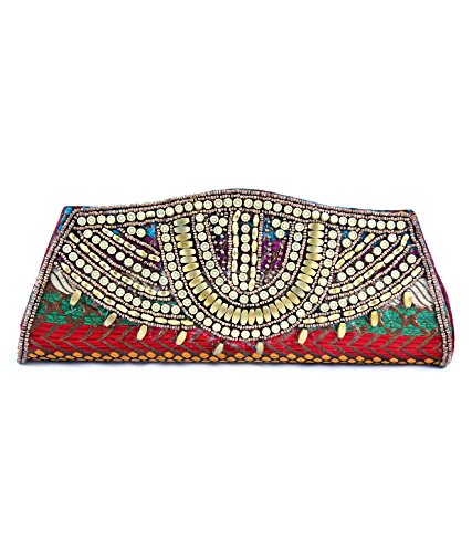 Favola Boat Shape Silk Brocade Bead Embalished Designer Multicolor Clutch Bag