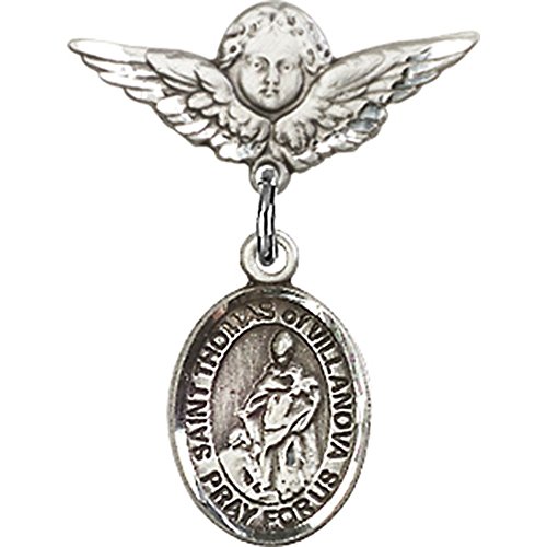 Sterling Silver Baby Badge with St. Thomas of Villanova Charm and Angel w/Wings Badge Pin 7/8 X 3/4 inches