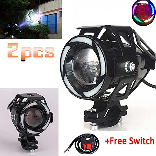 2pcs Waterproof 3000LM Super Bright 125w Motorcycle Fog Light Spotlight + 2pcs ON/OFF Switch CREE LED Universal Motorcycle Headlight Work Light Driving Spot Lamp Headlamp With Colorful Angel Halo Ring