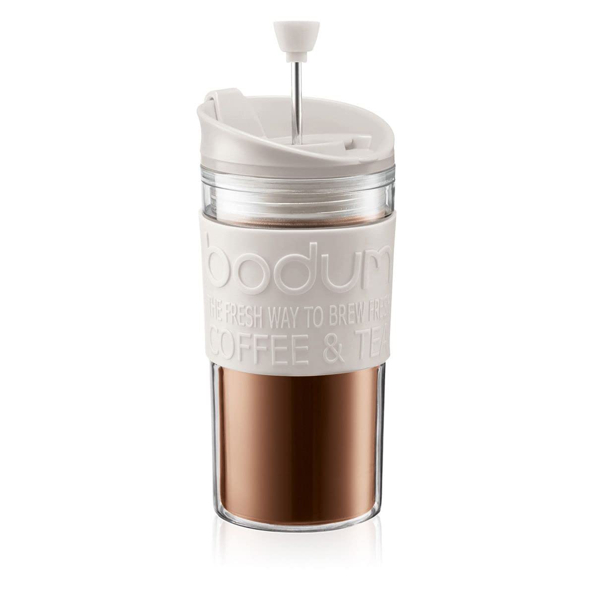 BODUM Travel French Press Coffee Maker Set with Extra Lid, Vacuum, White, 0.35 L/12 oz