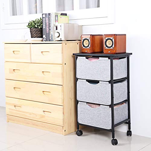 MAX Houser 3-Layered Dresser Storage Tower,Storage Organizer Drawers with Casters,Drawer Chest,Sturdy Steel Frame Wood Top with Easy Pull Fabric Bins for Home, Bedroom,Office(Grey)