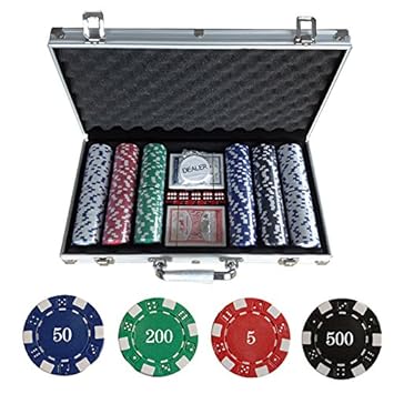 Flyelf Pokerkoffer Pokerset mit 300 Poker-Chips, 2 Pokerdecks, Dealer Button,5 Würfel