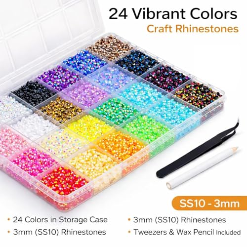 24000Pcs 24 Colors Resin Jelly Rhinestones Kit for Bedazzling, Mix Color Flatback Gems Kit with Rhinestones, 3MM SS10 Colorful Bedazzling Gems with Jewelry Glue for Crafting Nail Art Shoes Books