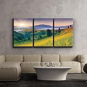 3 Piece Canvas Print - Contemporary Art, Modern Wall Art - Sunset Over Lush Green Meadows in Foothills - Gallery Wrapped Wood Stretcher Bars 16"x24"x3 Panels