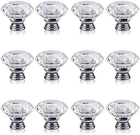 ZoCr 40mm Diamond Shape Crystal Glass Knob for Cupboard, Kitchen and Bathroom Cabinets(Pack of 12, Clear)